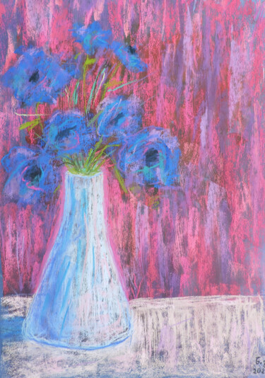 Painting titled "Blue Flowers" by Nino Gudadze, Original Artwork, Pastel