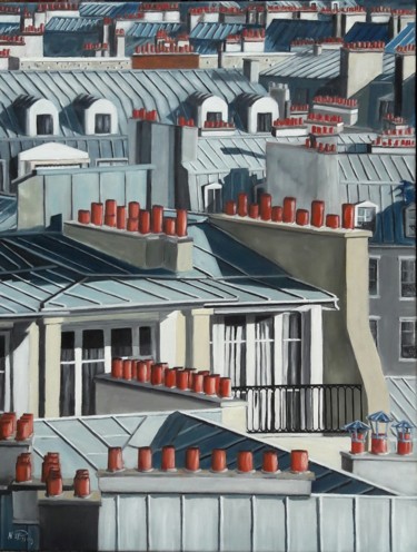 Peinture intitulée "paris et ses toits" par Nicole Plisson, Œuvre d'art originale, Huile
