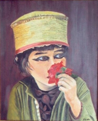 Malerei mit dem Titel "enfant à la rose" von Nicole Plisson, Original-Kunstwerk, Öl