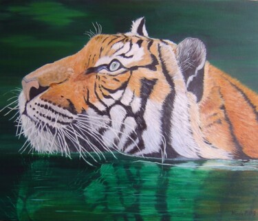 Peinture intitulée "tigre dans l'eau" par Nicole Plisson, Œuvre d'art originale, Huile