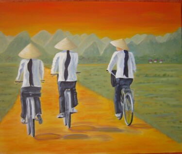 Pintura intitulada "jeunes vietnamiennes" por Nicole Plisson, Obras de arte originais, Óleo