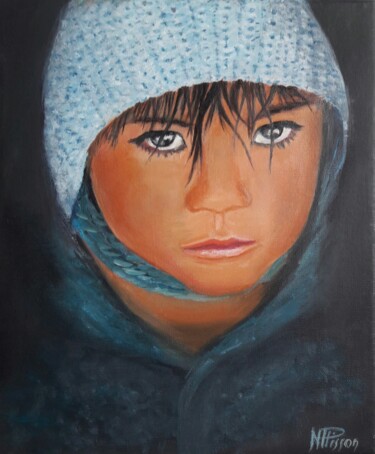 Malerei mit dem Titel "Enfant au bonnet bl…" von Nicole Plisson, Original-Kunstwerk, Öl