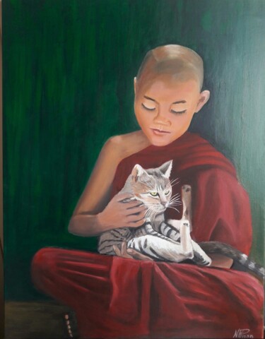 Peinture intitulée "Jeune moine au chat" par Nicole Plisson, Œuvre d'art originale, Huile