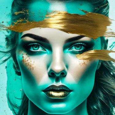 Arts numériques intitulée "Splashn'Gold & Turq…" par Ninn, Œuvre d'art originale, Image générée par l'IA