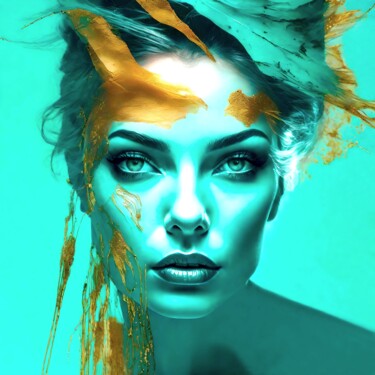 Digitale Kunst getiteld "Splashn'Gold & Turq…" door Ninn, Origineel Kunstwerk, AI gegenereerde afbeelding