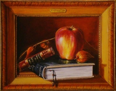 Malerei mit dem Titel "Apple book and Frame" von Nino Dobrosavljevic, Original-Kunstwerk, Öl