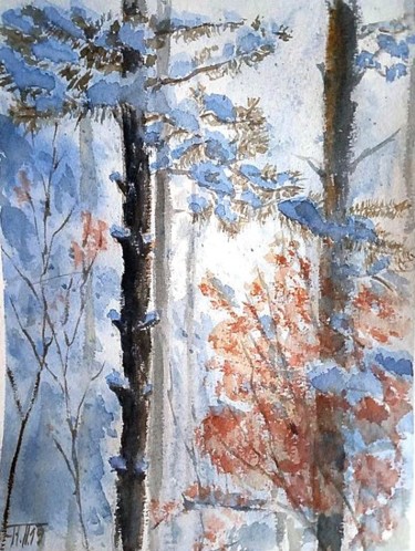 Painting titled "Winter forest" by Nina Polunina, Original Artwork, Watercolor