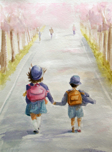 Painting titled "To school" by Nina Polunina, Original Artwork, Watercolor