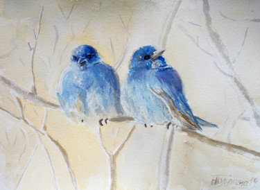 Painting titled "Blue tits" by Nina Polunina, Original Artwork, Watercolor