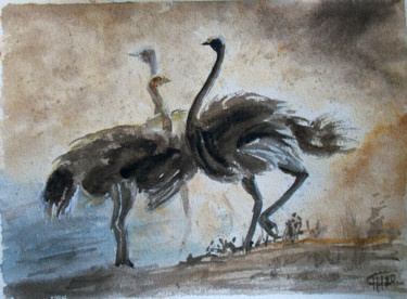 Painting titled "Ostrich dance" by Nina Polunina, Original Artwork, Watercolor