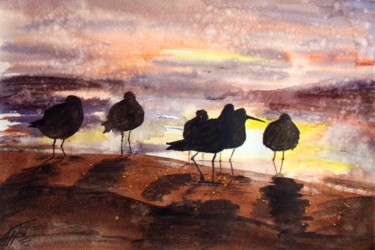 Peinture intitulée "Night gulls" par Nina Polunina, Œuvre d'art originale, Aquarelle
