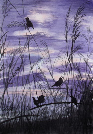 Painting titled "Night sparrows" by Nina Polunina, Original Artwork, Watercolor