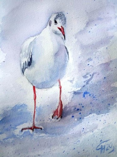 Painting titled "Gull" by Nina Polunina, Original Artwork, Watercolor