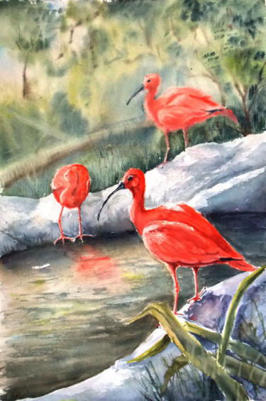 Painting titled "Red ibises" by Nina Polunina, Original Artwork, Watercolor
