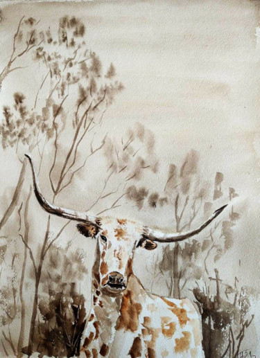 Painting titled "Cow" by Nina Polunina, Original Artwork, Watercolor