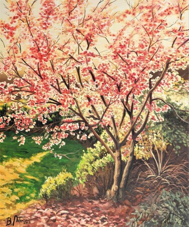 Painting titled "Spring in the garden" by Bogdan Nitescu, Original Artwork, Oil Mounted on Wood Stretcher frame