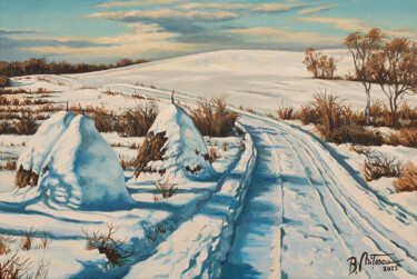 Painting titled "Winter on the hill" by Bogdan Nitescu, Original Artwork, Oil Mounted on Wood Stretcher frame