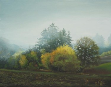 Painting titled "Fog on th hill" by Bogdan Nitescu, Original Artwork, Oil