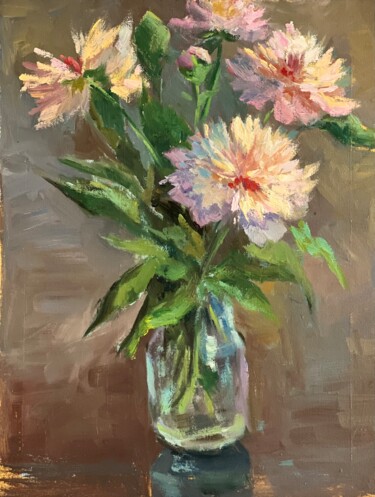 Painting titled "Pink Peonies from m…" by Nithya Swaminathan, Original Artwork, Oil Mounted on Wood Panel