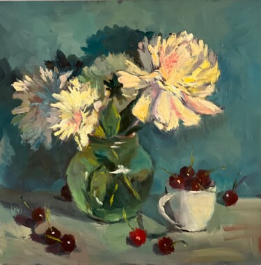 Schilderij getiteld "Night time peonies" door Nithya Swaminathan, Origineel Kunstwerk, Olie Gemonteerd op Houten paneel