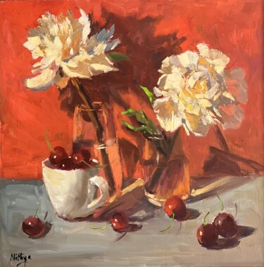Painting titled "White Peonies and C…" by Nithya Swaminathan, Original Artwork, Oil Mounted on Wood Panel