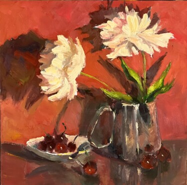 Painting titled "Peonies and Cherrie…" by Nithya Swaminathan, Original Artwork, Oil Mounted on Wood Panel