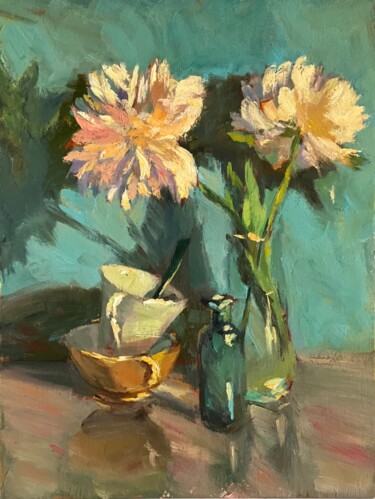 Pittura intitolato "White Peonies on Tu…" da Nithya Swaminathan, Opera d'arte originale, Olio Montato su Pannello di legno