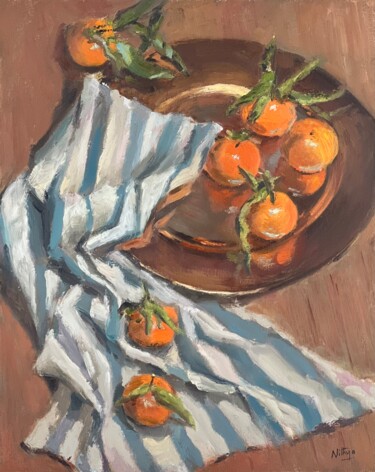 Картина под названием "Oranges on Stripes" - Nithya Swaminathan, Подлинное произведение искусства, Масло Установлен на Дерев…