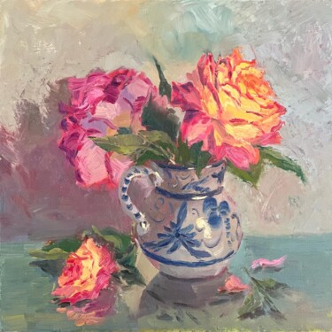 Painting titled "Roses in a ceramic…" by Nithya Swaminathan, Original Artwork, Oil Mounted on Wood Panel