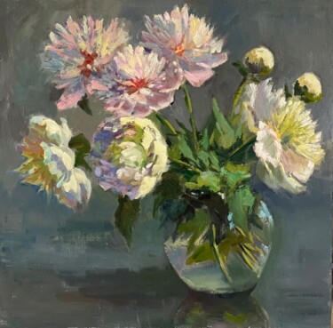 Painting titled "Peony party!" by Nithya Swaminathan, Original Artwork, Oil Mounted on Wood Panel