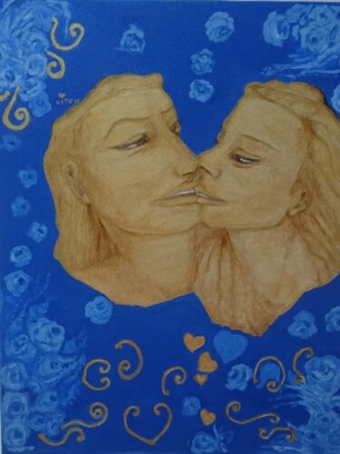 Painting titled "Le baiser 💋" by Chrysanthou, Original Artwork, Oil Mounted on Wood Stretcher frame