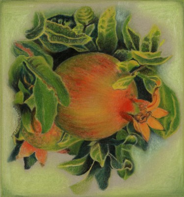 Drawing titled "POMEGRANATE IN LEAV…" by Nives Palmić, Original Artwork, Pastel