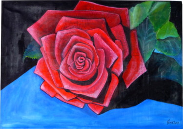 Painting titled "Rosa rossa su blu /…" by Nives, Original Artwork, Tempera