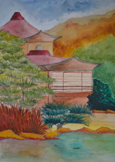 Painting titled "pagode-aquarelle-30…" by Nizard Dominique, Original Artwork, Watercolor