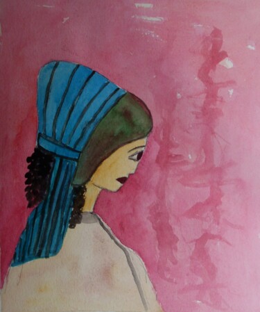 Peinture intitulée "femme sur fond rouge" par Nizard Dominique, Œuvre d'art originale, Aquarelle