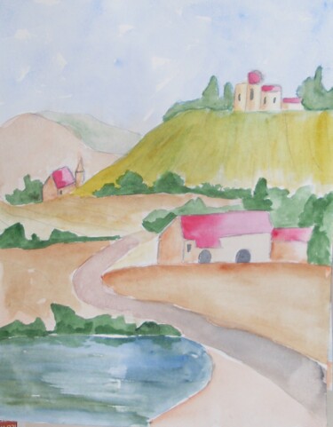 Painting titled "campagne" by Nizard Dominique, Original Artwork, Watercolor