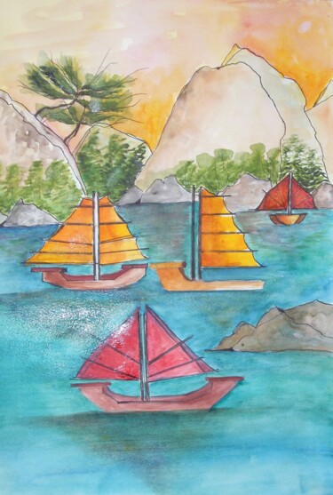 Painting titled "jonque" by Nizard Dominique, Original Artwork, Watercolor