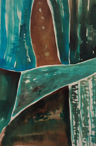 Painting titled "bleu et marron" by Nizard Dominique, Original Artwork, Watercolor