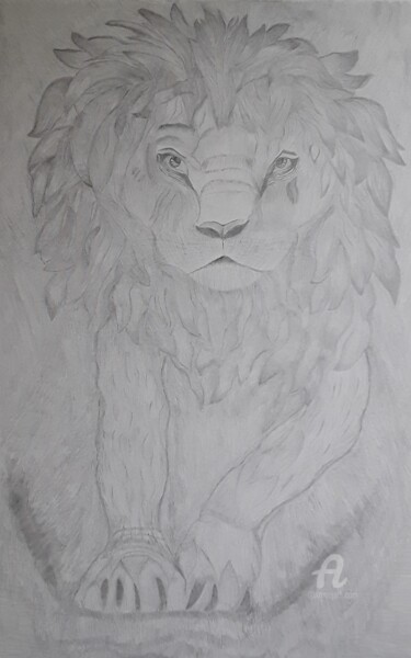 Dessin intitulée "Mon lion noir et bl…" par Nj, Œuvre d'art originale, Crayon