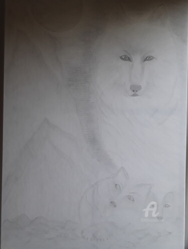 Peinture intitulée "La louve et ses lou…" par Nj, Œuvre d'art originale, Crayon