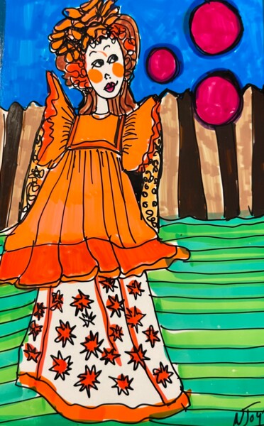 Desenho intitulada "Backyard Girl" por Njoy, Obras de arte originais, Caneta de gel