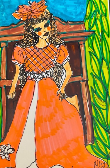 Drawing titled "Old-Fashioned Girl" by Njoy, Original Artwork, Gel pen
