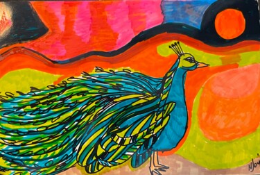 Zeichnungen mit dem Titel "Peacock in the Dese…" von Njoy, Original-Kunstwerk, Gel Stift