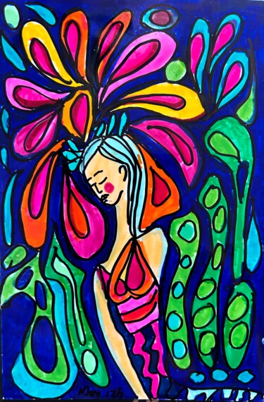Рисунок под названием "Flowers in her Hair" - Njoy, Подлинное произведение искусства, Маркер