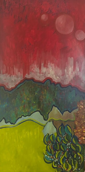Painting titled "Red Moon landscape" by Njoy, Original Artwork, Acrylic Mounted on Wood Stretcher frame