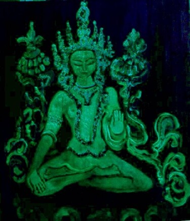 Schilderij getiteld "GREEN TARA BUDDHA" door Njoy, Origineel Kunstwerk, Olie