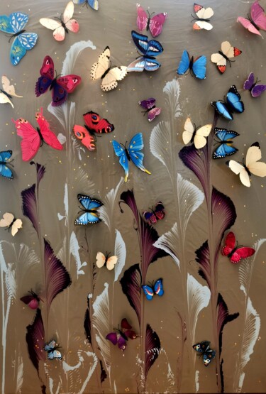 Painting titled "Butterflies" by Njscreative, Original Artwork, Acrylic Mounted on Wood Stretcher frame