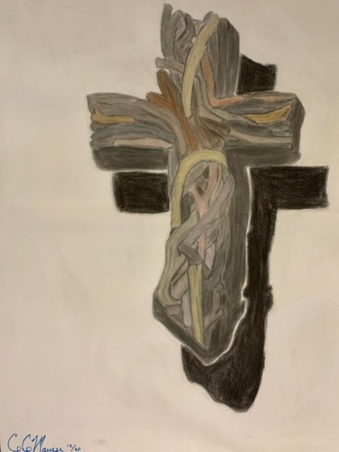 Tekening getiteld "Driftwood cross" door Co-Co Maurer, Origineel Kunstwerk, Houtskool Gemonteerd op Frame voor houten branca…