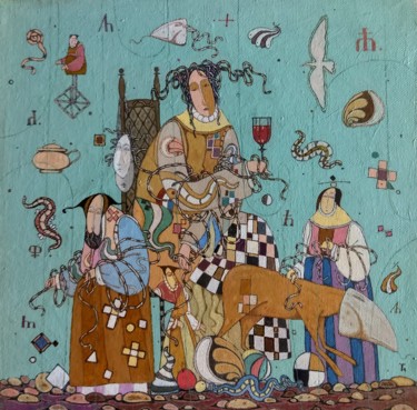 Painting titled "Chess queen with gl…" by Igor Tapilin, Original Artwork, Oil Mounted on Wood Stretcher frame