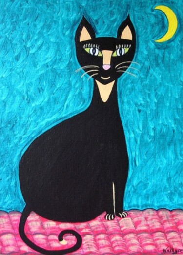 Painting titled "Chat noir clair de…" by Nathyse, Original Artwork, Acrylic